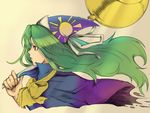  blue_capelet capelet gradient gradient_background green_hair hat long_hair mima polearm portrait profile ribbon simple_background solo touhou touhou_(pc-98) weapon wizard_hat yoni. 