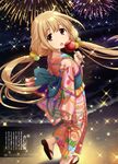  absurdres annindoufu_(oicon) beach brown_eyes brown_hair fireworks futaba_anzu hair_bobbles hair_ornament highres idolmaster idolmaster_cinderella_girls japanese_clothes kimono long_hair looking_at_viewer open_mouth outdoors sash solo twintails yukata 