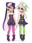  2girls absurdres aori_(splatoon) black_hair detached_collar domino_mask earrings eye_contact fangs food food_on_head gloves highres holding_hands hotaru_(splatoon) jewelry long_hair looking_at_another mask mole mole_under_eye multiple_girls object_on_head open_mouth pantyhose pointy_ears puchiman short_hair smile splatoon_(series) splatoon_1 tentacle_hair white_hair yellow_eyes 