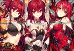  ahoge armpits belt blazing_heart_(elsword) braid breasts brooch choker cleavage column_lineup copyright_name cravat crimson_avenger_(elsword) crop_top elesis_(elsword) elsword fire gloves grand_master_(elsword) half_updo jewelry large_breasts leotard long_hair looking_at_viewer medium_breasts midriff multiple_girls multiple_persona navel necklace pika_(kai9464) pyrokinesis red_eyes red_hair red_leotard smile sword upper_body watermark weapon web_address white_gloves 