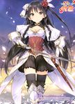  absurdres armor armored_boots black_hair black_legwear black_skirt boots breasts chain_chronicle character_request cleavage flower hair_flower hair_ornament highres holding holding_sword holding_weapon long_hair looking_at_viewer medium_breasts peko pleated_skirt red_flower skirt solo sword thighhighs weapon yellow_eyes 
