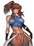  abs avatar_(series) bare_shoulders blue_eyes breasts bridal_gauntlets brown_hair cameltoe covered_nipples dark_skin fumio_(rsqkr) high_ponytail korra long_hair looking_at_viewer medium_breasts midriff navel no_panties pout simple_background solo the_legend_of_korra thick_thighs thighs toned white_background wide_hips 