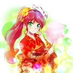  circlet cotton_candy earrings floral_print fox_mask green_eyes hand_on_own_face highres iesupa japanese_clothes jewelry kimono long_hair looking_at_viewer mask mask_on_head ponytail pyrrha_nikos red_hair rwby smile solo upper_body 