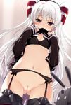  1girl amatsukaze_(kantai_collection) blush bra dutch_angle garter_straps hair_between_eyes hair_ornament hair_tubes kantai_collection long_hair navel ogipote pussy sailor_dress silver_hair solo thigh_gap thighhighs two_side_up uncensored very_long_hair windsock yellow_eyes 