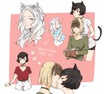  :t ;) animal_ears bad_id bad_twitter_id black_hair blonde_hair blue_eyes blush bracelet brown_hair cat_ears cat_girl cat_tail choker closed_eyes collar collarbone from_side highres imminent_kiss jewelry long_hair long_sleeves motion_lines multicolored_hair multiple_girls one_eye_closed original paw_print pillow pillow_hug pink_background pout red_shirt roru_(lol_dessin) shirt short_hair shorts simple_background smile streaked_hair t-shirt tail v-neck white_hair white_shorts yellow_eyes yuri 