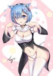  absurdres animal_band_legwear animal_ears bell bell_collar blue_eyes blue_hair breasts cat_band_legwear cat_ear_panties cat_ears cat_tail cleavage collar detached_sleeves groin highres medium_breasts navel no_pants panties re:zero_kara_hajimeru_isekai_seikatsu rem_(re:zero) short_hair solo tail thighhighs underwear white_legwear white_panties yiyu_qing_mang 