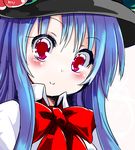  blue_hair blush c: commentary_request fa_no_hito food fruit hat hinanawi_tenshi long_hair peach red_eyes smile solo touhou 