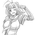  ;d alternate_breast_size antenna_hair breasts double_bun elbow_gloves gloves greyscale kantai_collection large_breasts magaki_ryouta monochrome naka_(kantai_collection) one_eye_closed open_mouth salute school_uniform serafuku short_hair short_sleeves simple_background smile solo upper_body white_background 