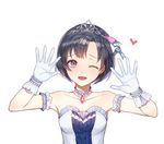  ;d bare_shoulders black_hair blush choker commentary_request dress face gloves idolmaster idolmaster_cinderella_girls idolmaster_cinderella_girls_starlight_stage jewelry kim_eb one_eye_closed open_mouth purple_eyes shiragiku_hotaru short_hair simple_background smile solo starry_sky_bright tiara upper_body white_background white_dress white_gloves 