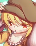  absurdres animal_ears blonde_hair blue_background breasts bunny_ears cabbie_hat cleavage close-up closed_mouth dango dior-zi face floppy_ears food hand_on_headwear hat highres looking_at_viewer medium_breasts mouth_hold red_eyes ringo_(touhou) short_hair skewer smile solo touhou wagashi 