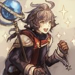  1boy ahoge brown_eyes cape gloves granblue_fantasy grey_hair johann_(granblue_fantasy) male_focus ponytail smile solo sparkle staff zinnkousai3850 