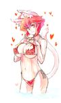  animal_ears bikini borrowed_character breasts cat_ears chikuwa_(tks) heart heart_hands huge_breasts original red_bikini red_hair short_hair simple_background smile solo swimsuit tail vrco white_background 