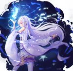  2016 artist_name blush braid closed_mouth dated detached_sleeves dorris emilia_(re:zero) frilled_sleeves frills from_side hair_ornament lavender_hair long_hair low-tied_long_hair magic number pleated_skirt pointy_ears profile purple_eyes re:zero_kara_hajimeru_isekai_seikatsu signature skirt solo thighhighs very_long_hair white_legwear 