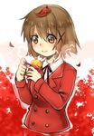  blush brown_eyes brown_hair buttons food hair_ornament hairclip hidamari_sketch leaf leaf_on_head sari_(sat-00) school_uniform short_hair smile solo steam sweet_potato upper_body x_hair_ornament yuno 