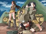  bangs binoculars black_footwear black_hair blush_stickers boots braid brown_eyes brown_hair brown_jacket chi-hatan_military_uniform extra fukuda_(girls_und_panzer) girls_und_panzer glasses green_eyes ground_vehicle helmet hibimegane highres holding hosomi_(girls_und_panzer) jacket knee_boots long_hair long_sleeves lying map military military_uniform military_vehicle miniskirt motor_vehicle multiple_girls nishi_kinuyo on_stomach open_mouth outdoors panties pantyshot pleated_skirt radio single_braid skirt standing straddling tamada_(girls_und_panzer) tank teramoto_(girls_und_panzer) type_97_chi-ha underwear uniform yellow_skirt 