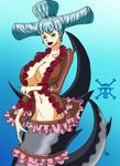  1girl blue_hair breasts charlotte_praline cleavage female fish fishman_island green_eyes jewelry large_breasts lipstick looking_at_viewer mermaid mermaid_tail monster_girl ocean one_piece red_lips solo swimming tail underwater water 