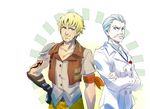  blonde_hair blue_eyes facial_hair formal grey_hair highres iesupa jacques_schnee male_focus multiple_boys muscle mustache rwby soul_patch stubble suit taiyang_xiao_long tattoo 
