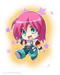  beauty blue_eyes blush bobobo-bo_bo-bobo chibi denim earrings jeans jewelry lemonpandachan looking_at_viewer midriff open_mouth pants pink_hair short_hair smile solo 