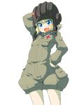  arm_behind_head bangs blonde_hair blue_eyes fang girls_und_panzer hand_on_hip helmet highres katyusha long_sleeves military military_uniform pravda_military_uniform short_hair short_jumpsuit solo standing sw transparent_background uniform 