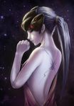  absurdres artstation_sample back back_tattoo closed_eyes dress earbuds earphones eyelashes from_behind hair_ornament hair_tie hand_up head_mounted_display helmet highres image_sample linch_chen long_hair overwatch pale_skin parted_lips ponytail profile purple_lips purple_skin solo spider_tattoo tattoo visor widowmaker_(overwatch) 