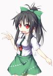  black_hair blush bow fang hair_bow ichidai_taisa long_hair open_mouth ponytail red_eyes reiuji_utsuho solo third_eye touhou v 