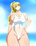  1girl 286c blonde_hair blue_eyes breasts huge_breasts metroid navel one-piece_swimsuit samus_aran solo swimsuit 