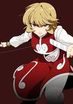  angry bad_id bad_pixiv_id bangs blonde_hair bracelet breasts closed_mouth crop_top dual_wielding fighting_stance hair_between_eyes holding hunter_x_hunter jewelry kumo_suzume kurapika's_mother long_sleeves looking_at_viewer medium_breasts outstretched_arms overskirt pants red_background red_eyes shaded_face shirt short_hair solo white_pants white_shirt 