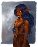  2016 blue_hair breasts clothed clothing dark_skin druid elf female hair harag humanoid long_hair magic_user navel night_elf not_furry pointy_ears simple_background skimpy solo tattoo tribal_spellcaster video_games warcraft white_pupils 