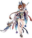  blue_eyes braid breasts brown_hair cleavage feathers flower full_body green_dragon_(phantom_of_the_kill) guan_dao hair_flower hair_ornament large_breasts long_hair long_legs official_art phantom_of_the_kill polearm qinglong_yanyue_dao sandals simple_background solo tattoo very_long_hair weapon white_background 
