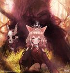  against_tree animal_ears artist_name black_dress blonde_hair blue_eyes blush crown dress english forest fur_collar glint glowing glowing_eyes grass head_tilt highres looking_away nature original outdoors red_eyes shal.e sitting skull solo tree 