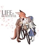  bike_(disambiguation) canine clothed clothing disney english_text female finnick fox fur hat judy_hopps kissing lagomorph male mammal nick_wilde rabbit simple_background text zootopia 