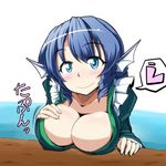  animal_ears blue_eyes blue_hair breasts cleavage collarbone drill_hair head_fins heart japanese_clothes kimono large_breasts midori_niku solo spoken_heart tail touhou wakasagihime 