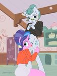  2016 absurd_res anthro anthrofied blue_eyes clothing cloudy_quartz_(mlp) cunnilingus dnftt2011 duo earth_pony equine eyewear female female/female friendship_is_magic glasses green_eyes green_hair hair hair_bun hi_res horn horse inside kitchen looking_at_viewer looking_back mammal mature_female multicolored_hair my_little_pony oral panties panties_down pearl_(mlp) pony pussy raised_shirt rear_view sex skirt smile standing tongue tongue_out underwear unicorn vaginal 