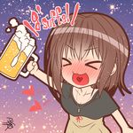  &gt;_&lt; alcohol beer blush brown_hair closed_eyes colorized german heart heart_in_mouth jewelry necklace open_mouth original solo yua_(checkmate) 