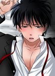  1boy black_hair blush character_request lying male_focus msucle necktie solo tagme undressing 