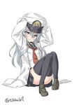  alternate_headwear anchor_symbol arms_up bangs black_footwear black_legwear black_skirt blush buttons closed_mouth ebifurya epaulettes eyebrows eyebrows_visible_through_hair full_body grey_eyes hair_between_eyes hat hibiki_(kantai_collection) highres jacket kantai_collection knees_together_feet_apart knees_up loafers long_hair looking_at_viewer neckerchief open_clothes open_jacket oversized_clothes peaked_cap school_uniform serafuku shoes sidelocks silver_hair simple_background sitting skirt sleeves_past_fingers sleeves_past_wrists smile solo thighhighs twitter_username white_background 