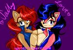  2016 absurd_res anthro black_hair blue_eyes breast_squish breasts breasts_frottage chipmunk clothing duo female female/female hair hi_res long_hair looking_at_viewer mammal nundez purple_background red_hair rodent sally_acorn selfcest side_boob simple_background smile sonic_(series) square_crossover text vest 