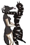  anthro canine clothing collar dog eyes_closed female female/female gloves hi_res hug husky hyena invalid_color kissing mammal mix nude orka_the_wolf protect_pads saliva scar stripes tongue wolf yenza 