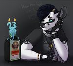  alcohol anthro beverage candle canine clothed clothing collar fingerless_gloves food gloves horn jewelry male mammal necklace simple_background smile solo spiggy-the-cat spiked_collar spikes 