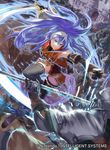  blue_hair copyright_name fingerless_gloves fire_emblem fire_emblem:_akatsuki_no_megami fire_emblem_cipher gloves green_eyes hairband long_hair mayo_(becky2006) motion_blur official_art solo_focus sword thighhighs wayu_(fire_emblem) weapon white_hairband 