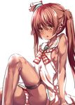  ass bad_id bad_pixiv_id blush breasts brown_eyes brown_hair dark_skin dress hat kantai_collection libeccio_(kantai_collection) long_hair looking_at_viewer open_mouth panties sailor_dress sideboob sitting sleeveless small_breasts solo striped striped_panties tai_(nazutai) twintails underwear 