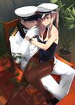  1girl admiral_(kantai_collection) blonde_hair blue_eyes blurry brown_legwear chair depth_of_field detached_collar gloves graf_zeppelin_(kantai_collection) hat highres kantai_collection leotard long_hair military military_uniform necktie pantyhose peaked_cap playboy_bunny_leotard sitting sitting_on_lap sitting_on_person thighband_pantyhose touyama_eight twintails uniform 