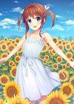  :d bad_id bad_pixiv_id blue_eyes brown_hair day dress flower high_school_fleet highres misaki_akeno open_mouth pasdar short_hair smile solo sundress sunflower twintails 