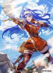  blue_hair fire_emblem fire_emblem:_akatsuki_no_megami fire_emblem_cipher green_eyes grin hairband long_hair mayo_(becky2006) official_art smile solo swinging sword thighhighs wayu_(fire_emblem) weapon white_hairband zettai_ryouiki 