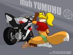  anthro blonde_hair c4camel canine clothed clothing female fox hair kneeling legwear looking_at_viewer mammal motorcycle smile socks solo 