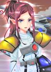  armor blue_eyes cloud helmet insignia jolly_roger looking_at_viewer macross macross:_do_you_remember_love? macross_delta md5_mismatch mecha mirage_farina_jenius mitaka open_mouth pilot pilot_suit ponytail purple_hair science_fiction serious spacesuit u.n._spacy variable_fighter vf-1 