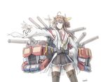  80s ahoge autobot bare_shoulders brown_hair cannon commentary crossover detached_sleeves double_bun fusion ground_vehicle hairband headgear japanese_clothes kantai_collection keeth kongou_(kantai_collection) long_hair machinery motor_vehicle nontraditional_miko oldschool optimus_prime pun ribbon-trimmed_sleeves ribbon_trim skirt smile solo thighhighs transformers truck turret uniform weapon 