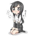  1girl :&gt; arm_warmers asashio_(kantai_collection) bangs black_eyes black_hair black_legwear black_skirt blush closed_mouth collared_shirt commentary ebifurya eyebrows eyebrows_visible_through_hair full_body hands_on_own_thighs highres kantai_collection long_hair pleated_skirt seiza shadow shirt short_sleeves simple_background sitting skirt socks solo sparkling_eyes translated white_background white_shirt 