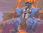  2016 abs anthro beard body_hair clothing dragon facial_hair happy_trail horn lava male muscular pecs penis red_eyes rrowdybeast shirt shorts sitting smile solo torn_clothing wings 