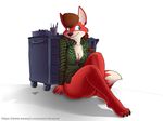  anthro bottomless breasts c4camel canine clothed clothing ear_piercing female fox mammal piercing simple_background sitting smile solo white_background 
